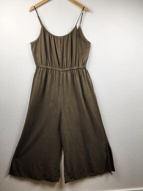 Haute Hippie Olive Green Linen Blend Wide Leg Jumpsuit Boho Gypsy Festival XL